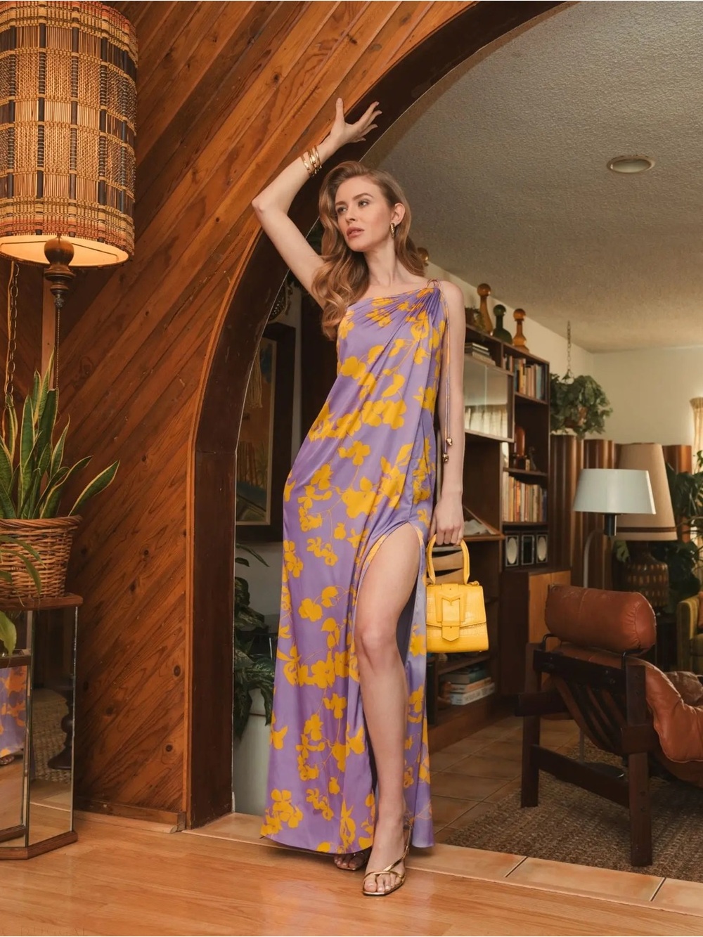 MAC DUGGAL Orchid Floral Printed Charmeuse One Shoulder Maxi Dress With Slit